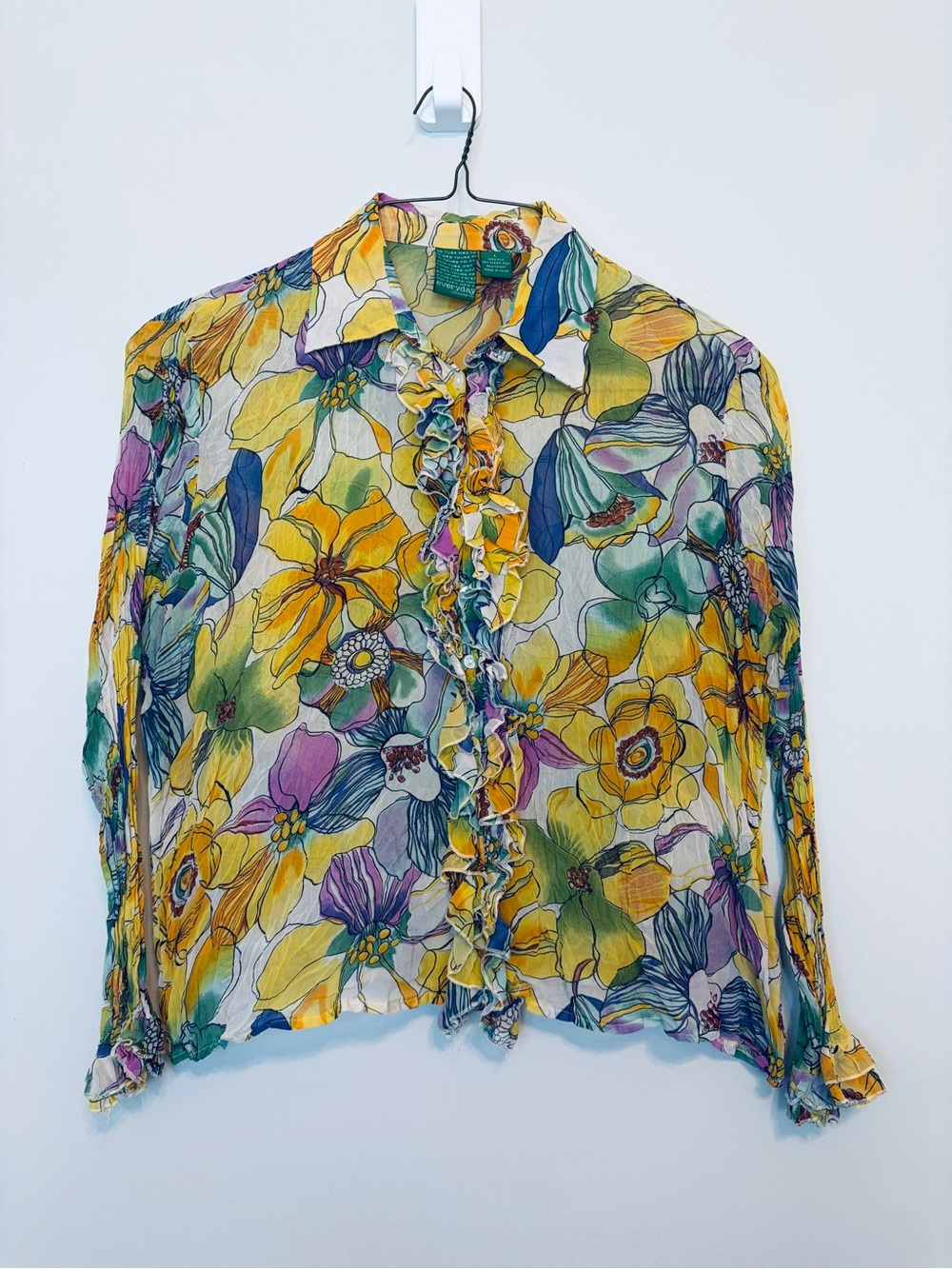 100%Silk Sheer Floral Ruffle-Front Button Down Blouse - Yellow Multi